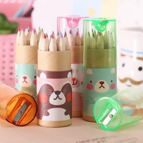 12pcs Cute Bear Cartoon Mini Colored Pencils with Pencil Sharpener Kawaii Stationery Painting Pencils for Kids School Supplies