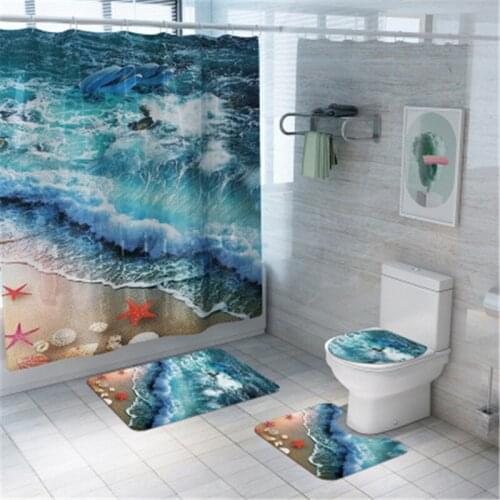 4Pcs/set Bathroom Mat Set Non-slip Seaside Scenery Bath Mat Coral Fleece Shower Curtain Floor Mat Washable Bathroom Toilet Rug