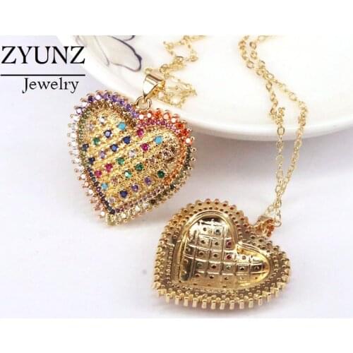 4PCS, Top Quality Gold color Rainbow Heart Collar Cubic Zirconia Love Heart Pendant Necklace Copper CZ Jewelry Gift For Women