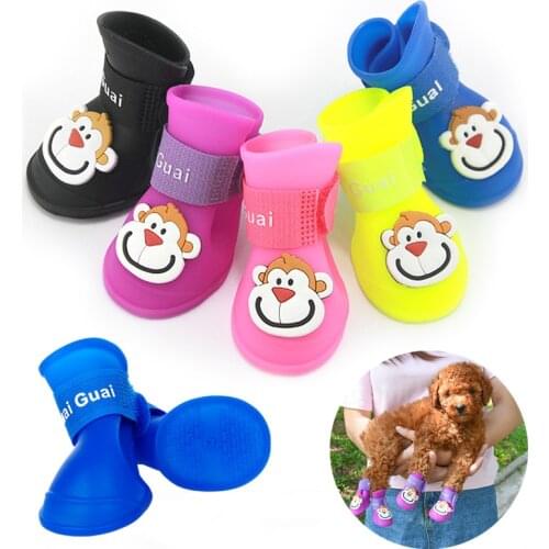 4-Piece Set Of Cartoon Pattern Pet Shoes Waterproof Non-Slip Silicone Material Dog Shoes
