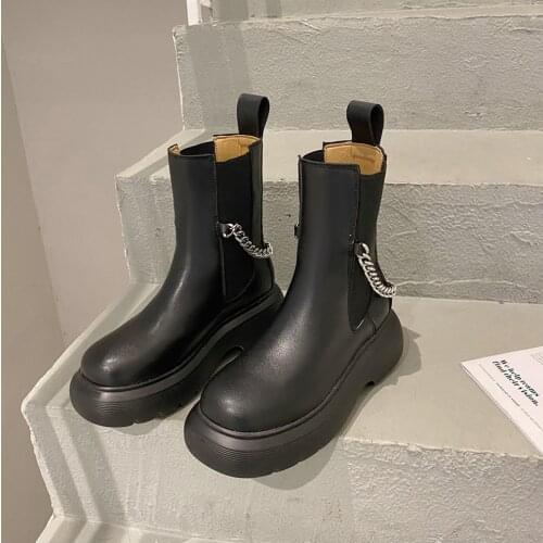 2021New Metal Chain Chunky Boots Fashion Platform Women Chelsea Booties Female 5CM Thick Bottom Autumn Shoes Mujer Slip-On Botas
