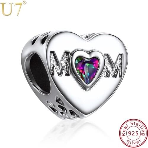 U7 Pure 925 Sterling Silver Mom Heart Big Hole Beads Fit Bracelet & Bangles DIY Necklace Jewelry Making Mother Gift Charm SC153