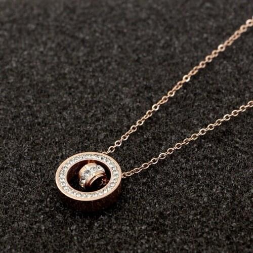 Full Rhinestone CZ Double Circle Rose Gold Color Stainless Steel Necklace