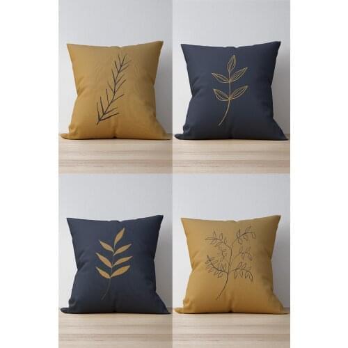 Double Side Printed Mustard And Navy Blue Leaf Pattern 4'lü Suede Pillow decorate Case 43*43 Cm