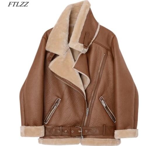 FTLZZ New Winter Women Lambs Wool Jackets Fur Collar Zipper Parka Warm Thick Outerwear Faux Lamb Leather Jacket Leather Coat