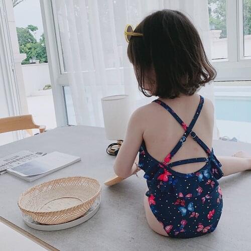 Korean Children Swimwear 2pcs Swimsuit Girls Kids Swimming Hat One-Piece Butterfly Princess Bath Suit Swim Beach Wear