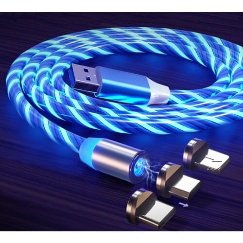 Magnetic Cord Flow Luminous Lighting usb cable for iPhone 12 11 Pro LED Micro USB Type C 8Pin charger Wire for Huawei Xiaomi
