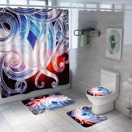 Psychedelic Octopus Shower Curtain Set Waterproof Washable Polyester Bath Curtain Anti-slip Rugs Toilet Lid Cover Bath Mat Set