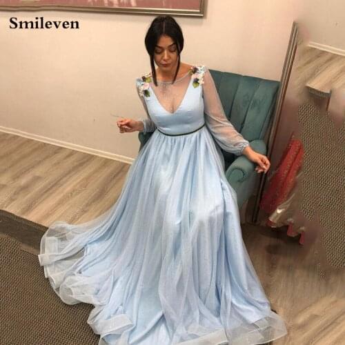 Smileven Sky Blue Formal Evening Dress Puff Sleeve Prom Party Dress Long Special Occasion Party Gowns With Flowers