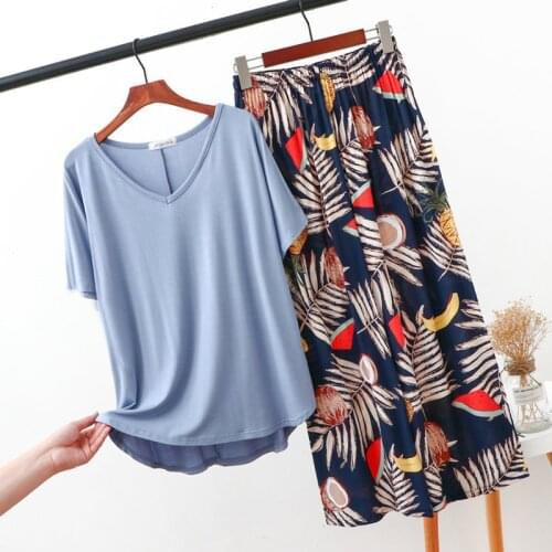 Print Loose Cotton Pajamas Women New Spring Summer Sleepwear Set Short Sleeve Trousers Suit V Neck Autumn Nightwear Home Wear