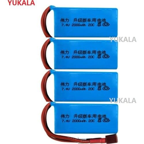 YUKALA1-4pcs T Plug 7.4V 2000mAh 20C lipo Battery for Wltoys A959-b A969-b A979-b K929-B RC Car Spare Part