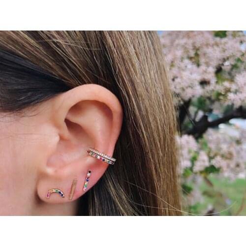 100% 925sterling silver rainbow colorful cz earring clip for lady girls minimal cute simple dainty cz cuff earring top quality