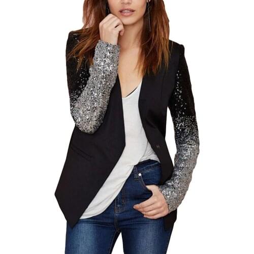 Cool Women Sequined Blazer Coat Jacket Single Buckle Long Sleeve Slim Fits Suit