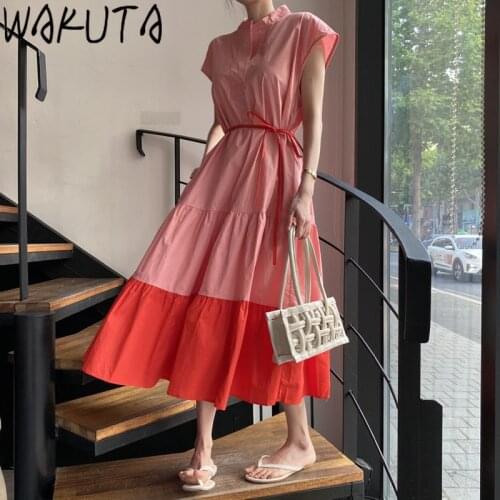 WAKUTA Korean Style Elegant Woman Long Dress 2021 Batwing Sleeve O Neck Chic Summer Contrast Color Casual Ladies Dresses Vintage