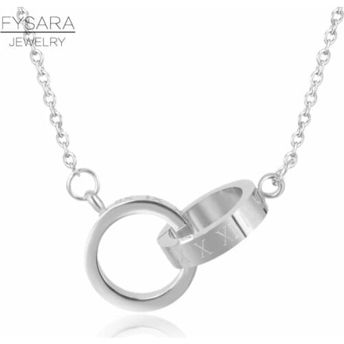 FYSARA Brand Luxury Roman Numeral Two Circle Double Buckle Necklace Pendant Jewelry Female Stainless Steel Clavicle Love Collars