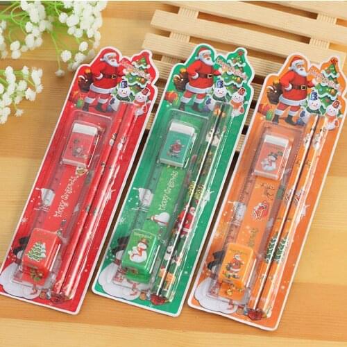 5pcs/set Christmas Series Kids Stationery Students Ruler Pencil Eraser Pencil Sharpener Kit School Rewards Supplies Wholesale