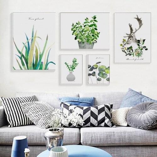 Nordic Abstract Green Plant Leaves Flower Lotus Aloe Animal Deer Elk Canvas Painting Wall Picture Poster Living Room Decoration