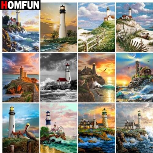 HOMFUN Diamond Painting Full Square/Round Diamond "Lighthouse sea " Pattern Embroidery Cross Stitch 5D Rhinestone Painting