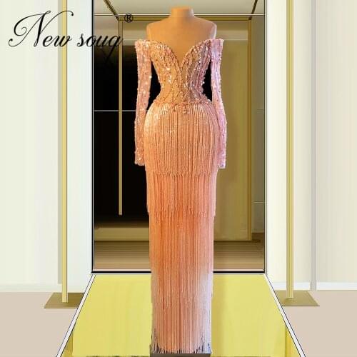 Arabic Dubai Pink tassel Evening Dress Celebrity Prom Dresses Kaftans Beaded Party Gowns For Weddings 2020 Vestido De Formatura