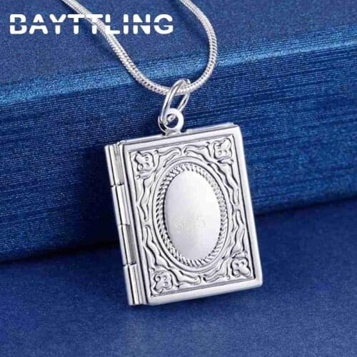 BAYTTLING 925 Sterling Silver Square Pattern Photo Frame Pendant Snake Chain Necklace For Woman Fashion Jewelry Wedding Gift