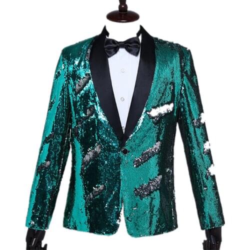 Green/Red/Blue/Gold Flip Sequins Blazer Suit Jackets Luxury Male Fashion Slim Sequined Coat Nightclub Wedding Party Stage Tuxedo