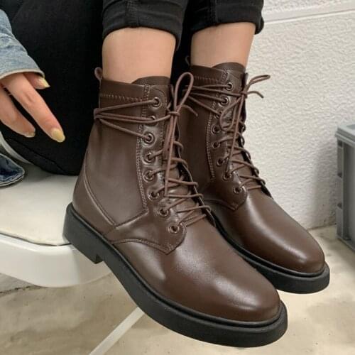 Women Winter Autumn Handmade Genuine Leather Crossed Tied Ankle Boots All Match Soft Cow Leather Round Toe Platform Short Boots