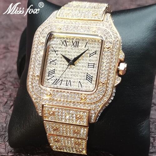 Hot MISSFOX Iced Out Square Mens Watch Luxury Rose Gold Hip Hop Quartz Watches Full Diamond Waterproof Clocks Relogio Masculino
