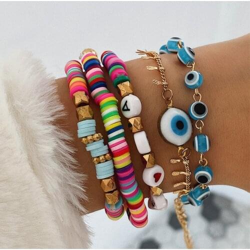 DIEZI Ethnic Multicolor Soft Clay Bracelet Sets For Women Fashion Hamdmade Letters Acrylic Beads Bracelet Couples Boho Jewelry