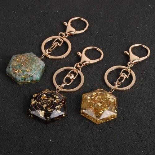 Healing Chakra Energy Orgonite Pendant Keychain Holder Reiki Hexagon Resin Crystal Orgone Car Key Chain Men Women Keyring