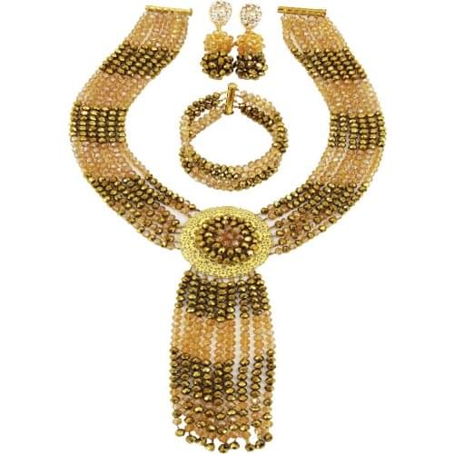 Graceful gold plated and champagne gold ab nigerian wedding african beads jewelry set crystal 6XLS-02