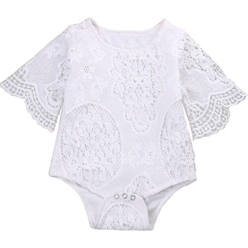 Cute Lovely Newborn Toddler Baby Girls Summer Short Sleeve O-Neck Covered Button Lace Floral White Romper Jumpsuit Outfit 0-24M