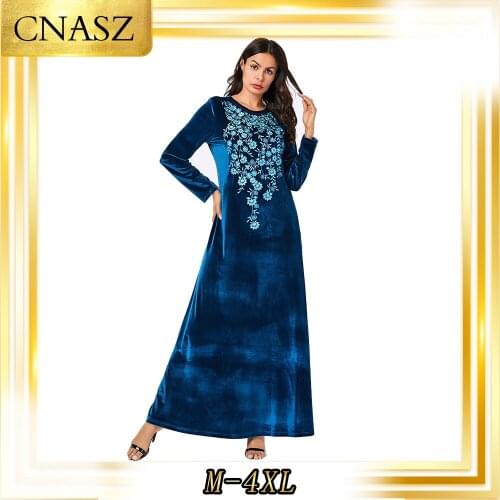 Muslim Dress Islamic Clothing Blue Plant Embroidery Caftan Marocain Abaya Femme Musulman Robe Arabian Casual Dress