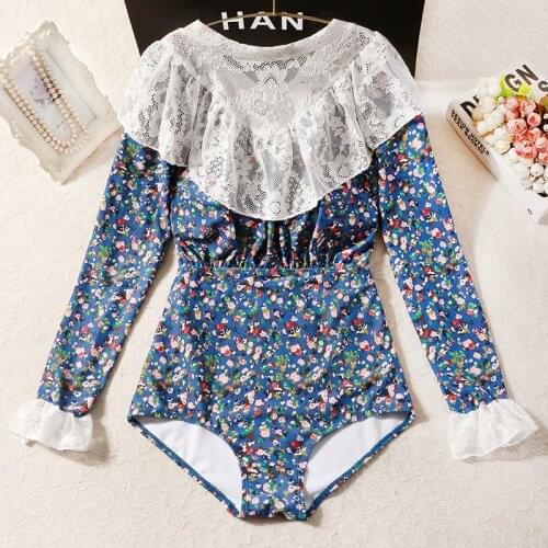 2021 New Women Long Sleeve Print One Piece Swimwear Monokini Bathing Suit Swimming Beachwear Summer Sexy Lace Ruffle Swimsuit