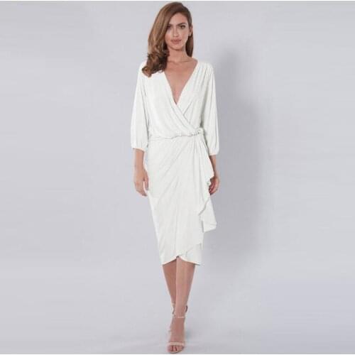 Hot Sale Elegant Ivory Sexy Plunge V Neckline Mother of the Bride Dresses Tea Length Wedding Party Gowns Three Quarter Sleeve