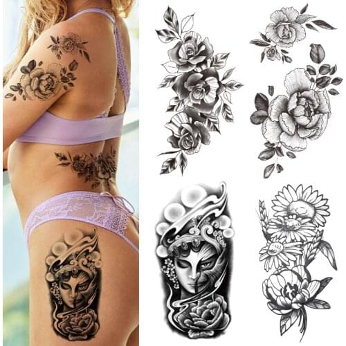Fake Tattoo For Woman Waterproof Roses Flower Ganesha Lotus Skull Dragon Temporary Tattoos Butterfly Waterproof Temporary Tattoo