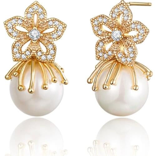 Creative Luxury Cubic Zirconia Stud Earrings with Pearl CZ Gold Silver Color Flower Pearl Earrings for Women Party Jewelry Gifts