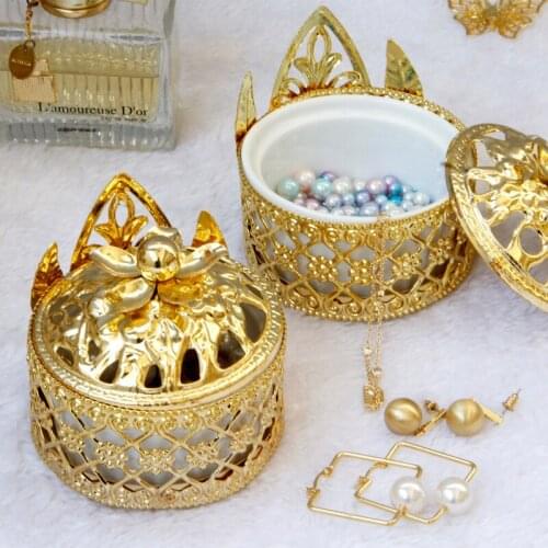 European-style luxury golden female accessories storage box metal ceramic desktop jewelry earring storage box organizer with lid