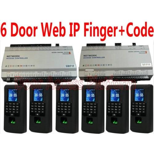6 Door Web IP Access Controller System Full Kit 6 pcs of LCD Screen Color TFT LCD New Biometric Fingerprint+Password Code reader
