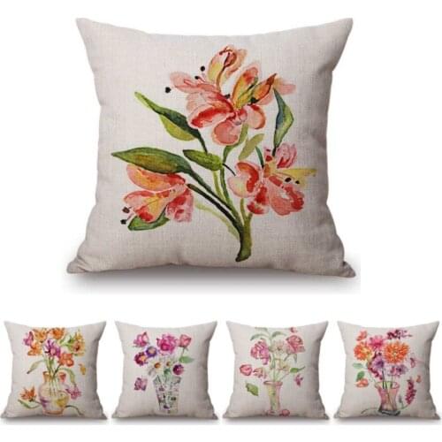 Nordic Watercolor Table Flowers Painting Potted Plants Butterfly Home Decorative Pillow Cotton Linen Sofa Bench Cushion Cover