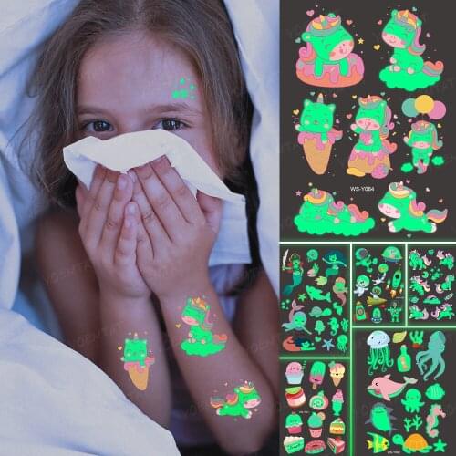 Luminous Glitter Tattoo Stickers Rainbow Unicorn Children Temporary Waterproof Pony Tatto Body Art Cute Kid Cartoon Fake Tatoo