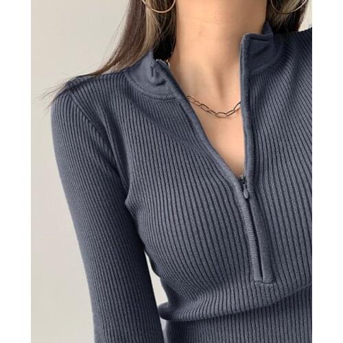 TVVOVVIN Half High Neck Long Sleeve Zippers Sweater Spring Solid Color Slim Knitting Screw Thread Short Bottomed Tops Mt2s