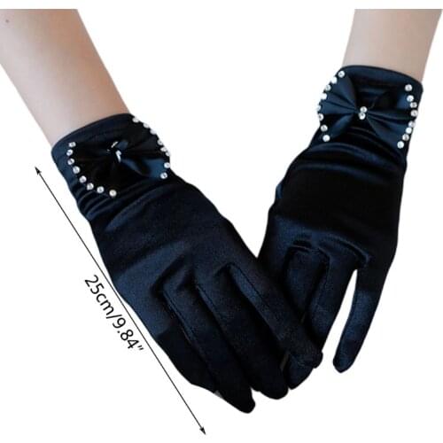 Vintage Satin Short Wedding Gloves Rhinestone Bowknot 1920s Flapper Party Mitten