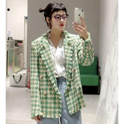 Green Plaid Coat Bohemia 2020 Spring/Autumn Womens Coat New Tweed Burrs Houndstooth Pattern Long-Sleeved Jacket