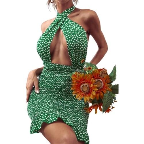 Women Sleeveless Backless Dress Sexy Floral Printed Pattern Halter Neck Hollow Out Party Beach Mini Dress 2021 Summer Autumn