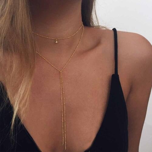 2018 Simple Gold Silver Color Chain Choker Necklace Long Beads Tassel Chokers Necklaces For Women Layered Collier Femme Bijoux