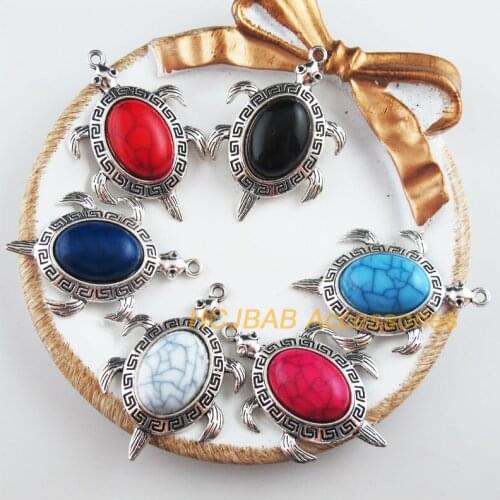 6 New Animal Charms Tibetan Silver Tone Retro Tortoise Mixed Acrylic Pendants 27.5x42mm