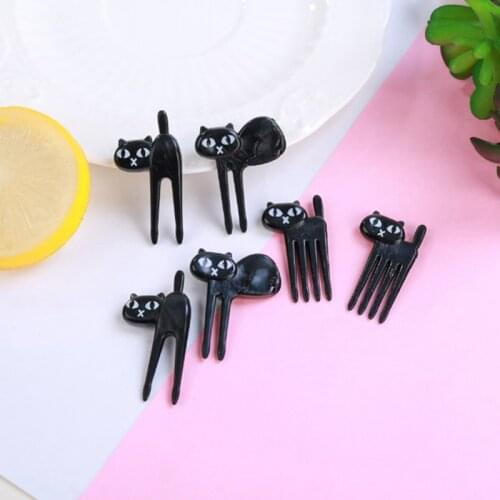 6pcs/pack Cute Party Decor Mini Cartoon Bento Lunches Toothpick Snack Cake Dessert Food Fork Black Cat Fruit Fork