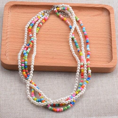 Bohemia Multicolor Soft Pottery Beaded Necklace for Women Girls Handmade Layered Pearl Beads Choker Necklace DIY Jewelry