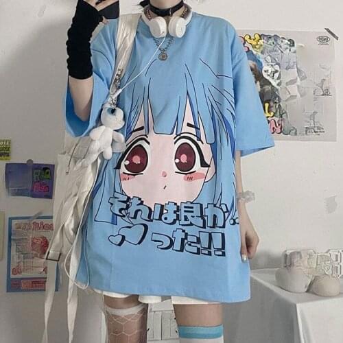 Harajuku Ullzang oversized Graphic T shirts Japanese cartoon T-Shirt for Women Funny printed Tshirt 90s Anime Tees blue y2k tops