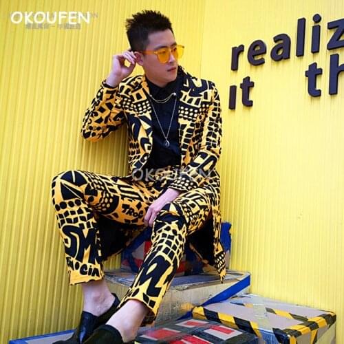 New Mens Korean version Yellow letter print long suits costumes nightclub male singer stage tide male hairdresser suit